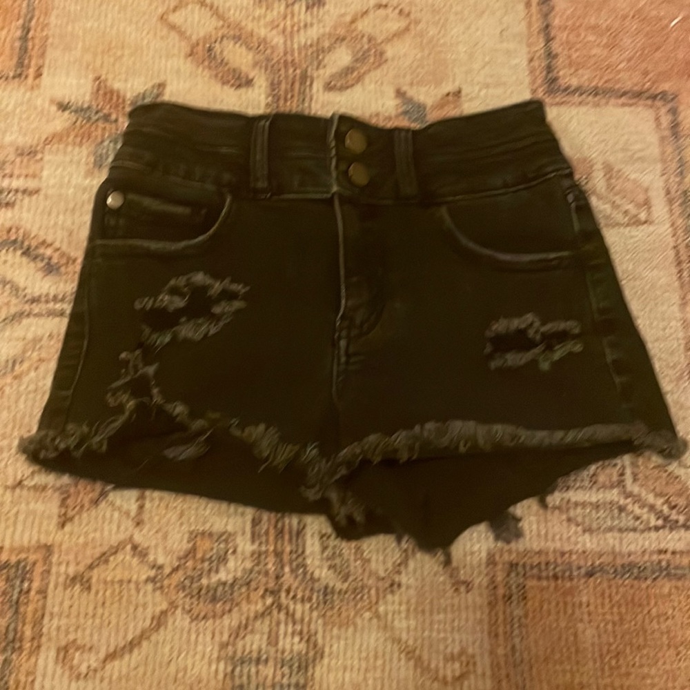 Black high waisted double button distressed denim shorts